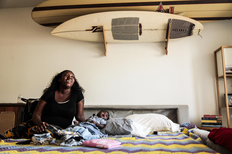Natandra Lewis her newborn Chandler escaped Hurricane Dorians storm surge and are lucky to have clean water and restful nights in West Palm Beach after arriving from Freeport, Grand Bahama Wednesday morning, September 18, 2019.&nbsp; (Photo: Maria Alejandra Cardona for HuffPost)