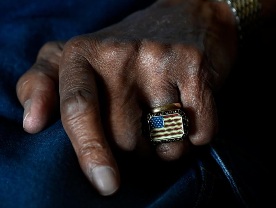 Robert Grier, 86, still wears his wedding band with a U.S. Veterans ring on Tuesday, Nov. 14, 2023, in Clarksville, Tenn. Grier, a former U.S. Army paratrooper who served in Vietnam, is suing the nursing home where his wife, Lillie, was a patient. She had dementia and died after being sexually assaulted by another resident with a history of sexual assaults.