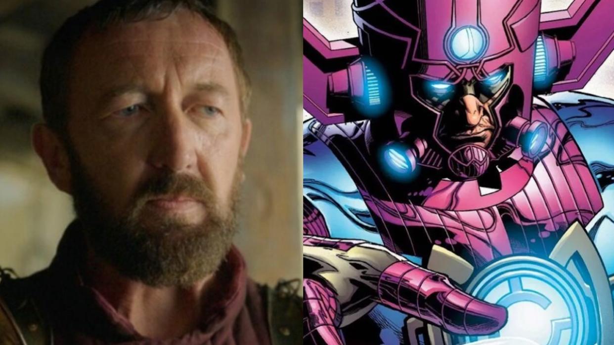  Ralph Ineson in Willow side by side with a comic shot of Galactus. 