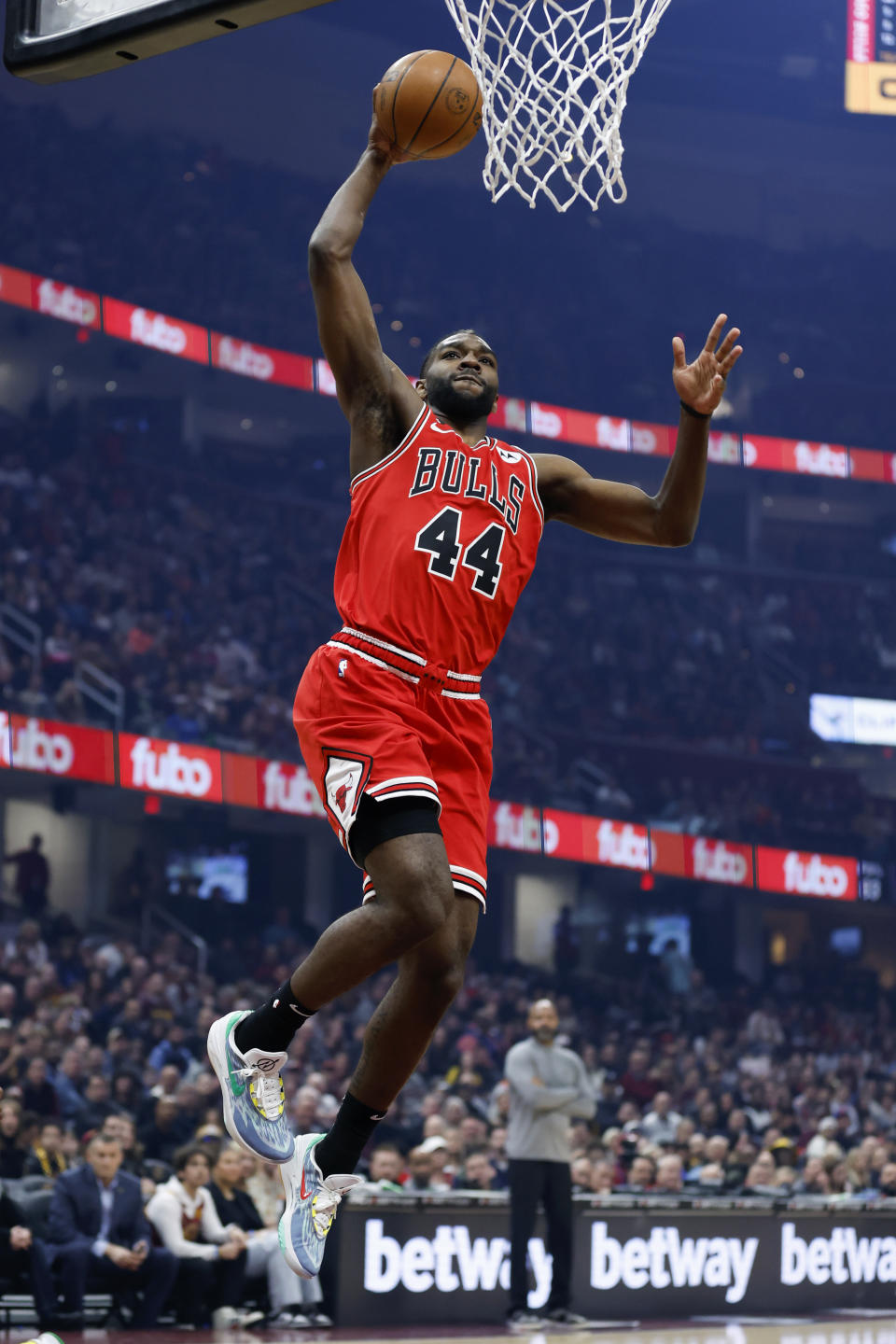 Chicago Bulls forward Patrick Williams dunks against the Cleveland Cavaliers during the first half of an NBA basketball game, Saturday, Feb. 11, 2023, in Cleveland. (AP Photo/Ron Schwane)