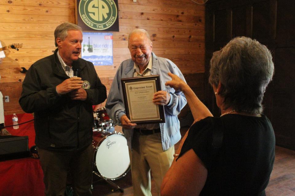 Pat Franklin (foreground) shares a laugh with then-Congressman Mark Meadows and Forrest Jarrett, founder of The Depot, in 2019.