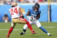 Jacksonville Jaguars wide receiver Laviska Shenault Jr. (10) tries to get around San Francisco 49ers cornerback K'Waun Williams (24) after a reception during the first half of an NFL football game, Sunday, Nov. 21, 2021, in Jacksonville, Fla. (AP Photo/Matt Stamey)