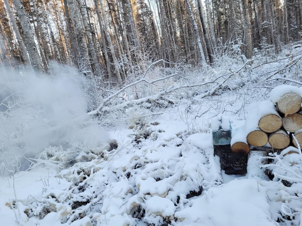 A photo shared online this month by N.W.T. fire officials shows smoke from a holdover fire. Officials say such fires happen most years, but are more likely after a busy wildfire season like in 2023.   (N.W.T. Fire - image credit)