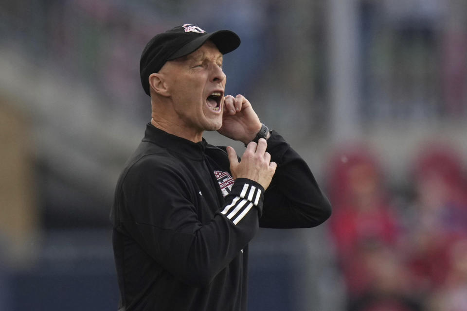 Toronto FC Head Coach Bob Bradley yells to his team on the touch line during an MLS soccer game against Nashviulle SC in Toronto, on Saturday, June 10, 2023. (Chris Young/The Canadian Press via AP)
