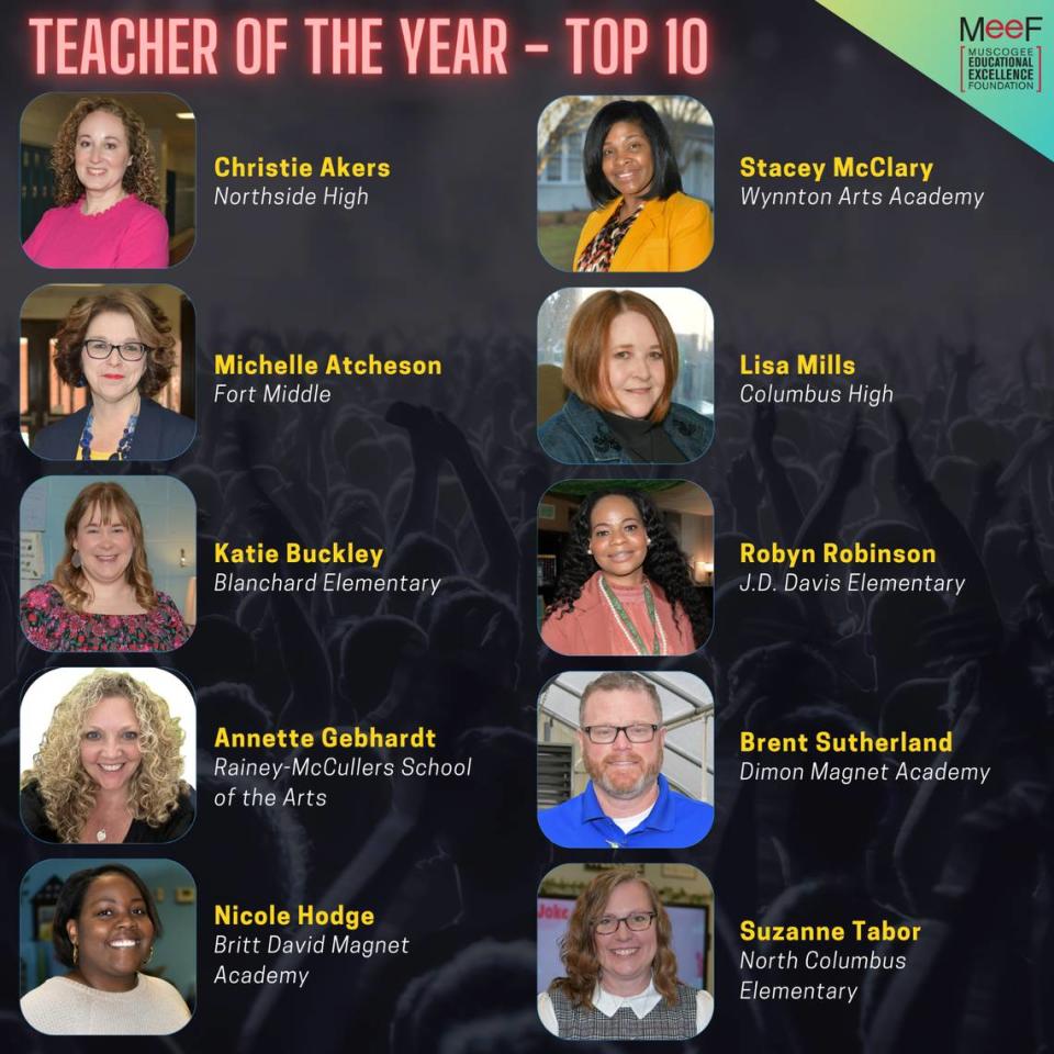 The Muscogee Educational Excellence Foundation selected these 10 semifinalists to compete for the Muscogee County School District Teacher of the Year award.