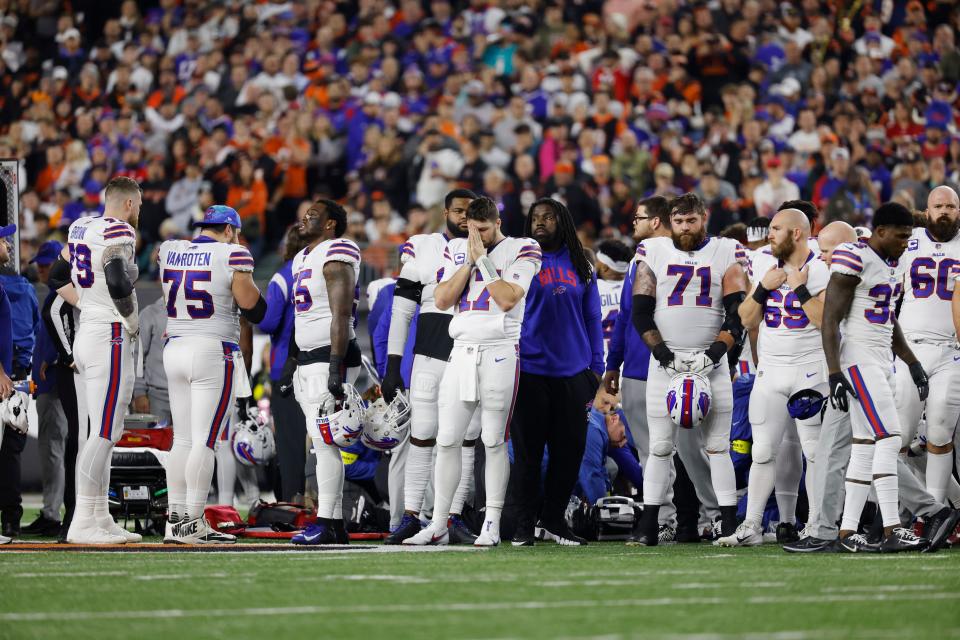 CINCINNATI, OHIO - JANUARY 02: Buffalo Bills players react after teammate Damar Hamlin #3 was injured against the Cincinnati Bengals during the first quarter at Paycor Stadium on January 02, 2023 in Cincinnati, Ohio. (Photo by Kirk Irwin/Getty Images)