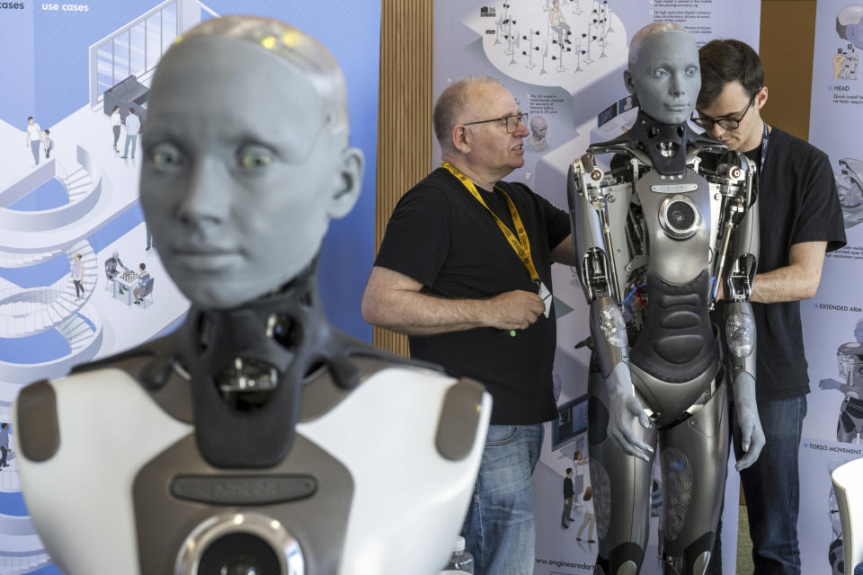 Humanoid robot Ameca is pictured during the ITU's AI for Good Global Summit in Geneva, Switzerland, Wednesday, July 5 2023. Artificial intelligence (AI) and robotics innovators and their high-tech creations will join diplomats, industry executives, academics, policy-makers, and UN partners in Geneva from July 6-7 for ITU's AI for Good Global Summit. (Martial Trezzini/Keystone via AP)