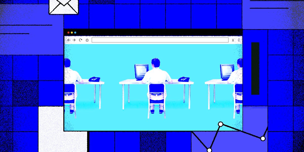 Animated collage of three virtual assistants working at desks and completing task. They are surrounded by office symbols, a hand putting a penny into a slot and a check mark