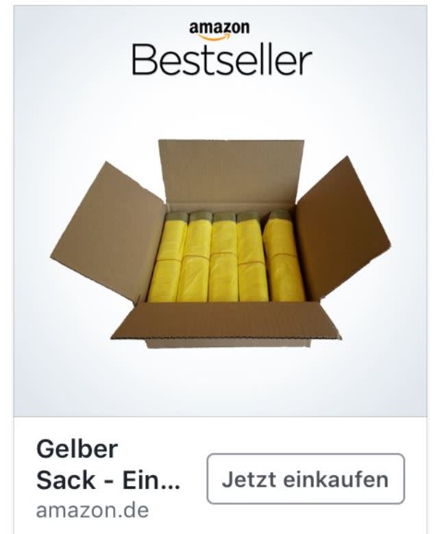 <p>Wer sich schon immer mal gefragt hat, was die meisten Leute bei Amazon bestellen – hier ist die Antwort: gelbe Säcke! Zumindest steht das auf der Bestseller-Liste des Versandhändlers gerade ganz oben. Nicht gerade das tollste Aushängeschild. (Bild: Twitter/AslMewes) </p>