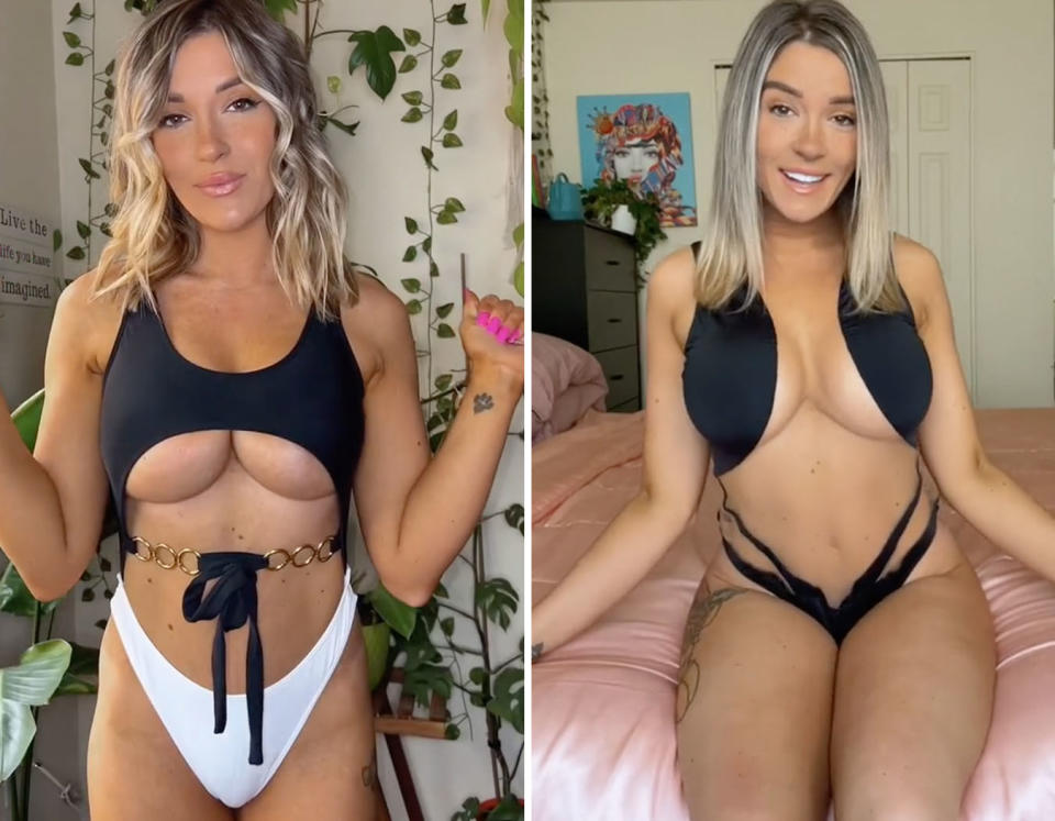 Two photos of TikToker Amber showing off her body in racy swimwear