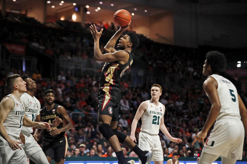 Florida State forward Malik Osborne (10) shoots the ball during the first half of an NCAA college basketball game against Miami on Saturday, Jan. 18, 2020, in Coral Gables, Fla. (AP Photo/Brynn Anderson)
