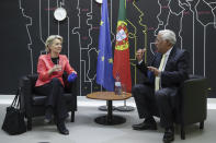 European Commission President Ursula von der Leyen meets with Portuguese Prime Minister Antonio Costa at the Center for Living Science in Lisbon, Wednesday, June 16, 2021. The president of the European Commission has started in Lisbon a tour of some European Union capitals to announce the initial endorsement of their plans for spending the bloc's massive economic recovery fund. (Tiago Petinga/Pool via AP)