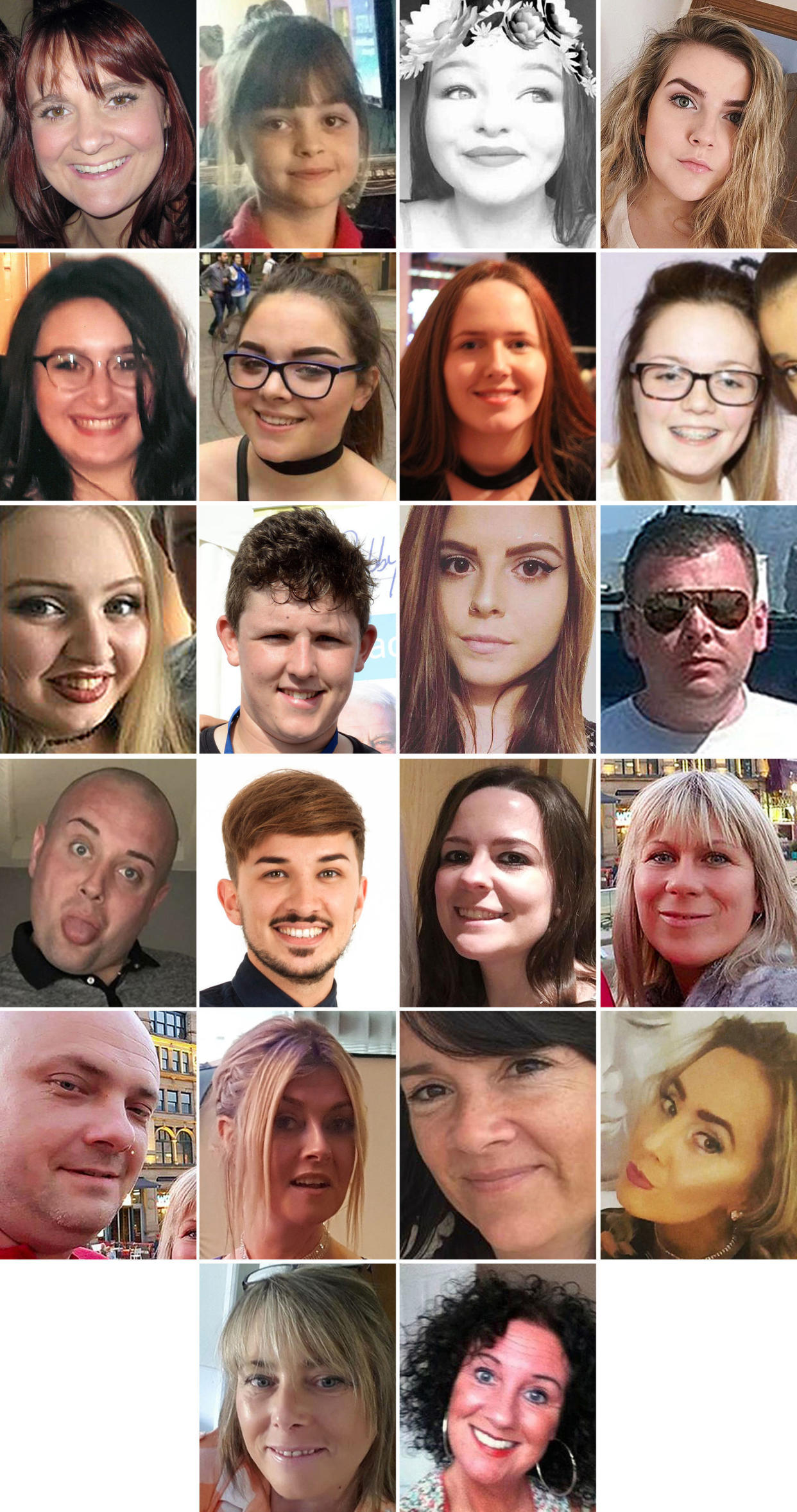 From top, left to right, the 22 murdered victims in the Manchester Arena bombing: Elaine McIver, 43, Saffie Roussos, 8, Sorrell Leczkowski, 14, Eilidh MacLeod, 14, Nell Jones, 14, Olivia Campbell-Hardy, 15, Megan Hurley, 15, Georgina Callander, 18, Chloe Rutherford,17, Liam Curry, 19, Courtney Boyle, 19, and Philip Tron, 32, John Atkinson, 26, Martyn Hett, 29, Kelly Brewster, 32, Angelika Klis, 39, Marcin Klis, 42, Michelle Kiss, 45, Alison Howe, 45, and Lisa Lees, 43, Wendy Fawell, 50, and Jane Tweddle, 51. (PA)