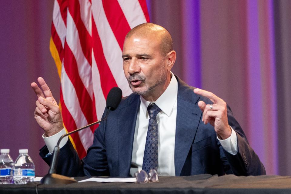 Leon County Schools Superintendent candidate, incumbent Rocky Hanna answers questions during a forum hosted by WFSU, the Tallahassee Democrat and the League of Women Voters on Wednesday, June 26, 2024.