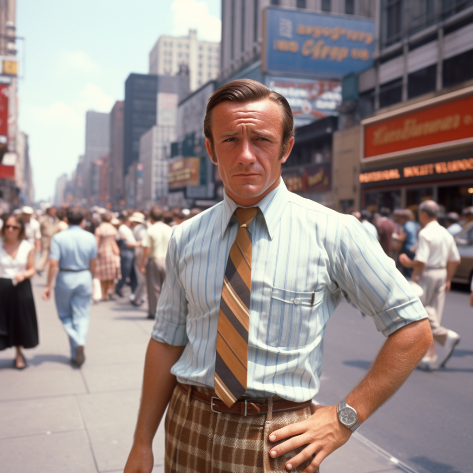 A man in a dress shirt in a city in the 1960s