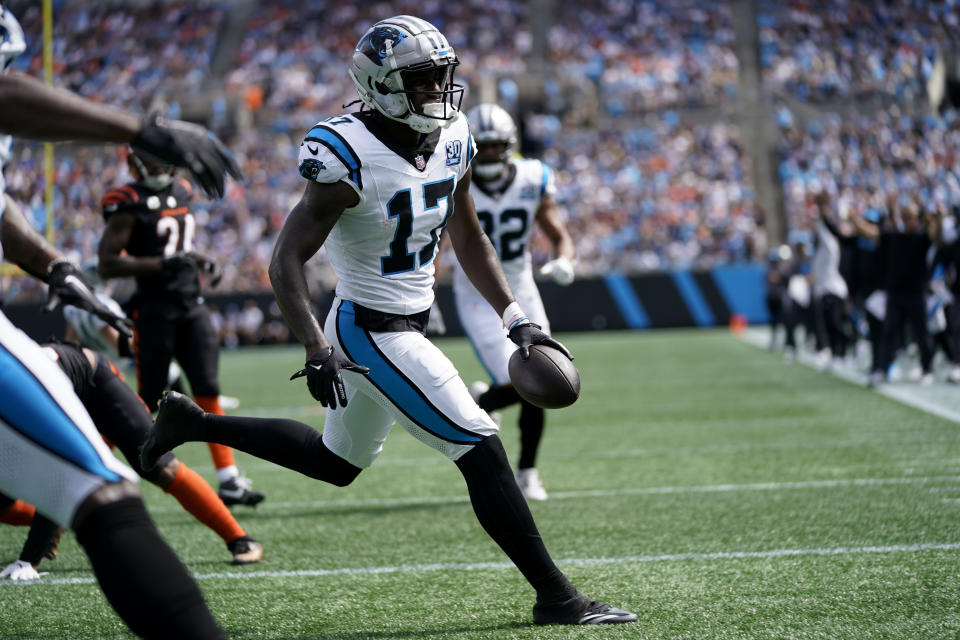 Carolina Panthers wide receiver Xavier Legette celebrates after scoring against the Cincinnati Bengals during the first half of an NFL football game, Sunday, Sept. 29, 2024, in Charlotte, N.C. (AP Photo/Erik Verduzco)