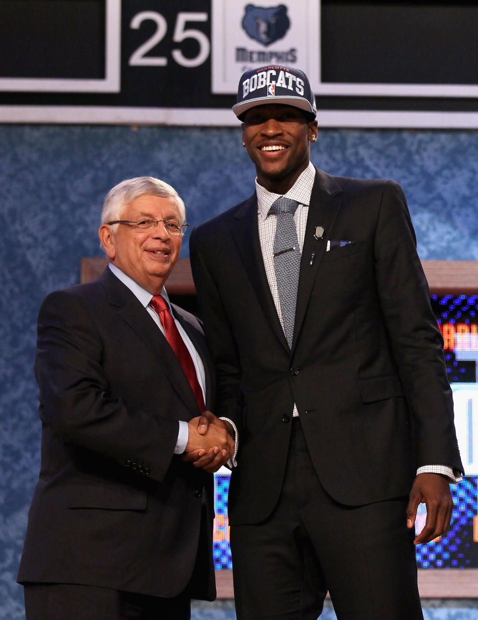 NEWARK, NJ - JUNE 28: Michael Kidd-Gilchrist (R) of the Kentucky Wildcats greets NBA Commissioner David Stern (L) after he was selected number two overall by the Charlotte Bobcats during the first round of the 2012 NBA Draft at Prudential Center on June 28, 2012 in Newark, New Jersey. NOTE TO USER: User expressly acknowledges and agrees that, by downloading and/or using this Photograph, user is consenting to the terms and conditions of the Getty Images License Agreement. (Photo by Elsa/Getty Images)