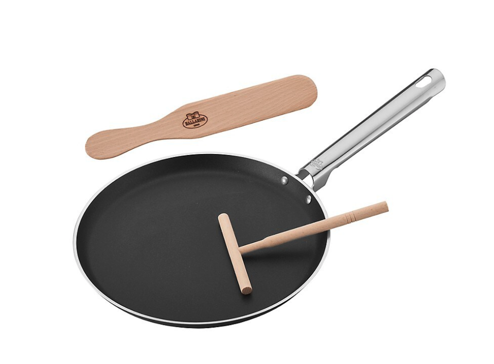 Ballarini Cookin'italy Crepe Pan Set with nonstick crepe pan, wooden cream spreader and wooden spatula.