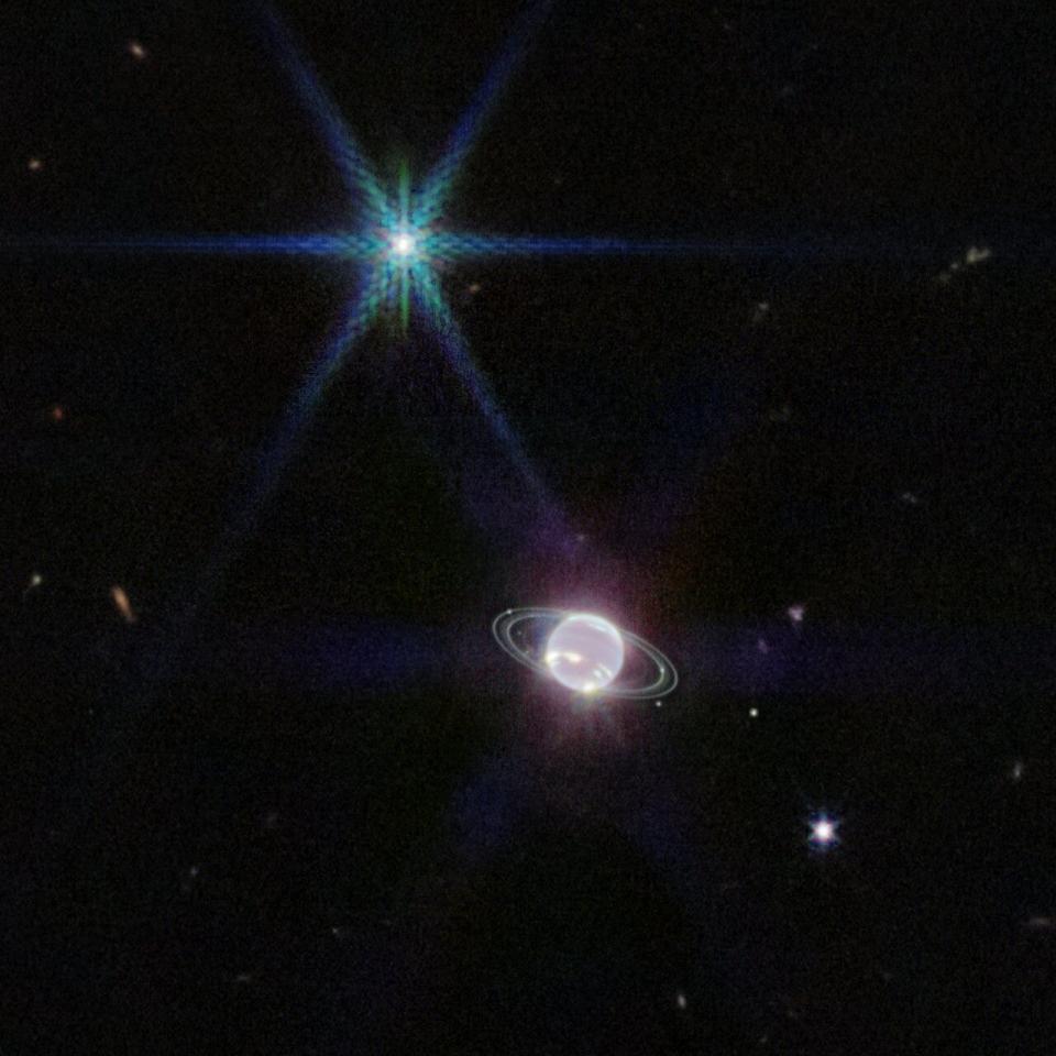 Webb’s Near-Infrared Camera (NIRCam) image of Neptune and its rings. Neptune has 14 known satellites, and seven of them are visible in this image.