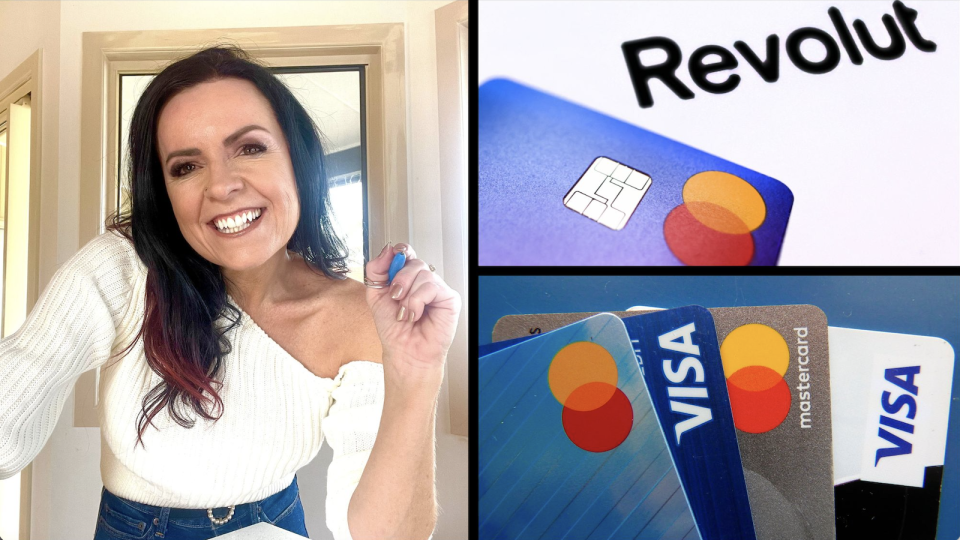 Compilation image of Nicole Pedersen-McKinnon, credit cards and money travel card Revolut