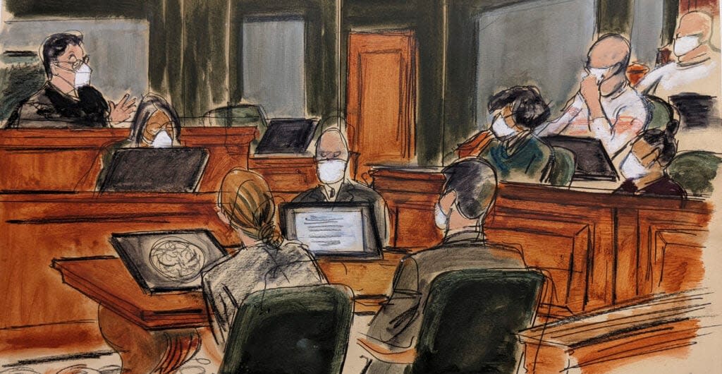 In this courtroom sketch, Judge Alison Nathan, far left, speaks to the jury, right, about the new deliberations schedule and the courts concern regarding the recent COVID-19 outbreak during the Ghislaine Maxwell sexual abuse trial, Tuesday, Dec. 28, 2021, in New York. (Elizabeth Williams via AP)