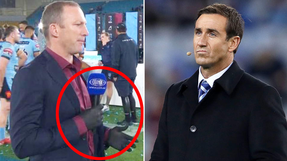 Andrew Johns' mic was accidentally left on when he made a remark about Nine colleague Darren Lockyer. Pic: Ch9/Getty 