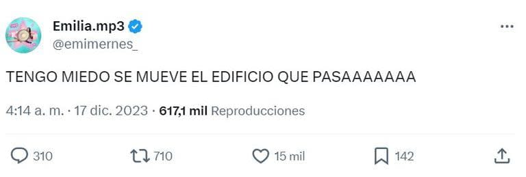 Emilia Mernes, en su cuenta oficial de Twitter, expresó su miedo por el mal clima que azotó la Capital y Gran Buenos Aires