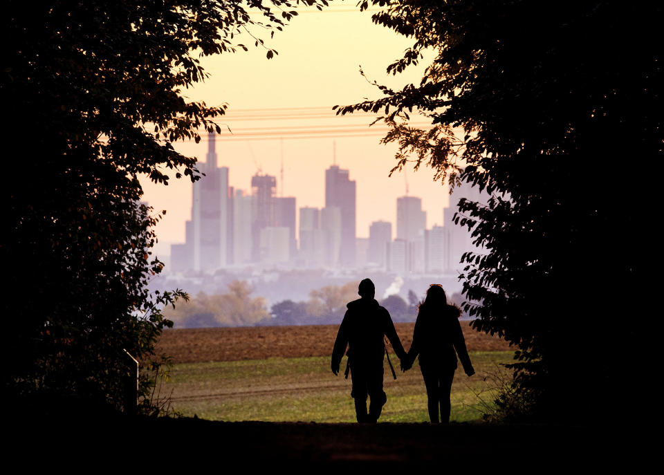 FILE - In this Oct. 21, 2018, file photo, a couple walks through a forest with the Frankfurt skyline in background near Frankfurt, Germany. Development that’s led to loss of habitat, climate change, overfishing, pollution and invasive species is causing a biodiversity crisis, scientists say in a new United Nations science report released Monday, May 6, 2019. (AP Photo/Michael Probst, File)