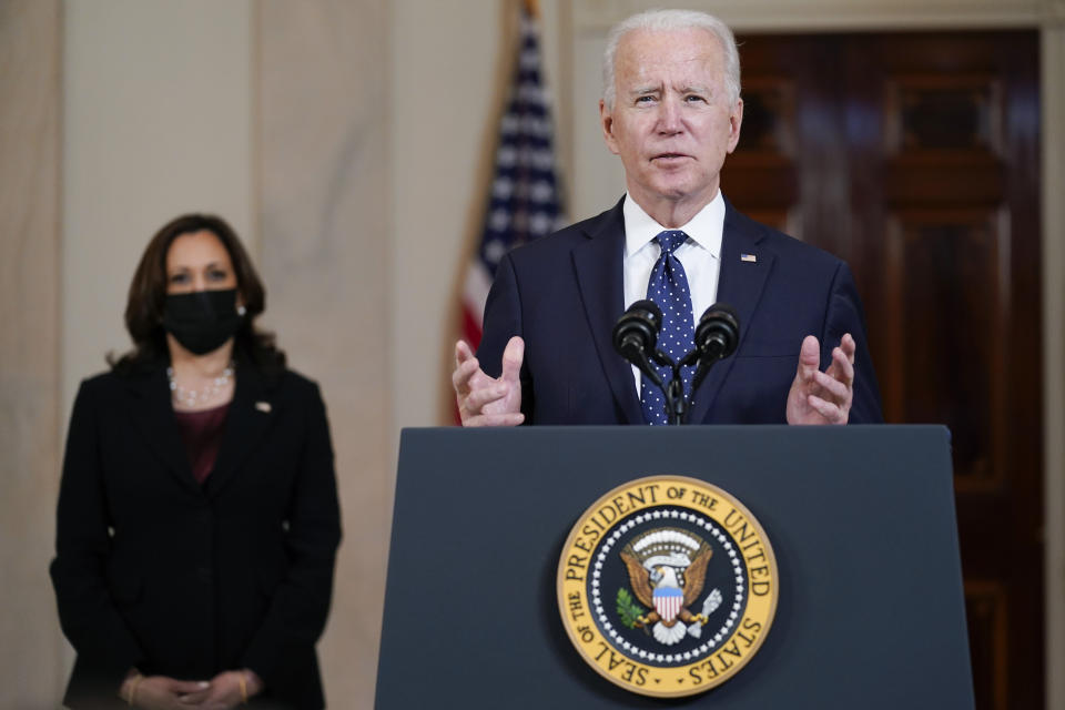 President Joe Biden, accompanied by Vice President Kamala Harris, speaks Tuesday, April 20, 2021, at the White House in Washington, after former Minneapolis police Officer Derek Chauvin was convicted of murder and manslaughter in the death of George Floyd. (AP Photo/Evan Vucci)