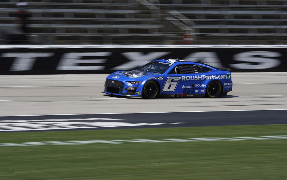 Brad Keselowski (6) drives to take the pole position during qualifying for the NASCAR Cup Series auto race at Texas Motor Speedway in Fort Worth, Texas, Saturday, Sept. 24, 2022. (AP Photo/LM Otero)