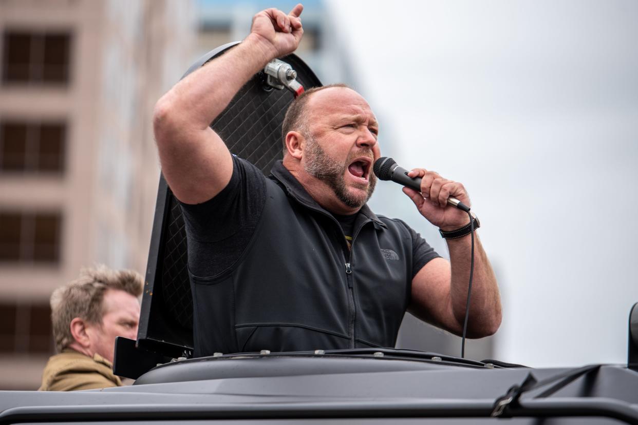 Infowars host Alex Jones arrives at the Texas State Capital building on April 18, 2020 in Austin, Texas. 