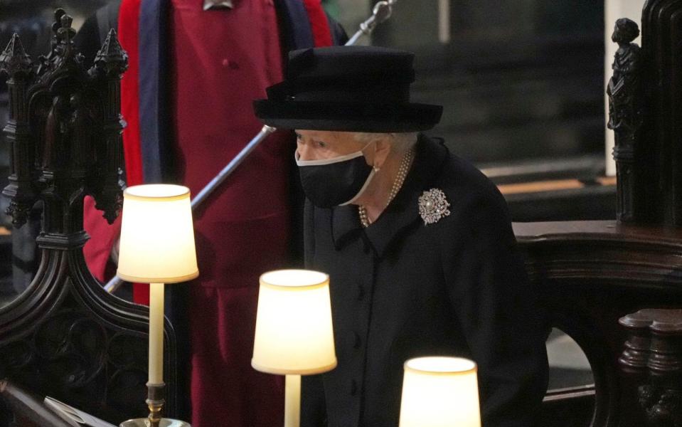 The Queen wearing Queen Mary's diamond and pearl brooch to Prince Philip's funeral - Yui Mok/Pool via AP