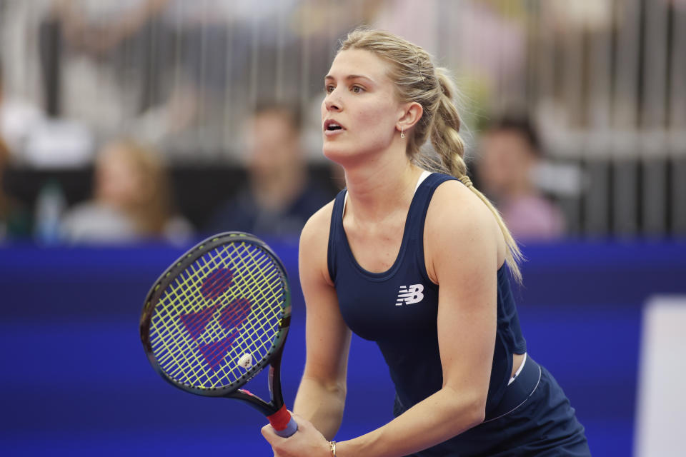 DALLAS, TX - FEBRUARY 03: Eugenie Bouchard receives serve during the Dallas Open Women's Tennis Classic on February 3, 2024 at Styslinger/Altec Tennis Complex in Dallas, TX. (Photo by George Walker/Icon Sportswire via Getty Images)