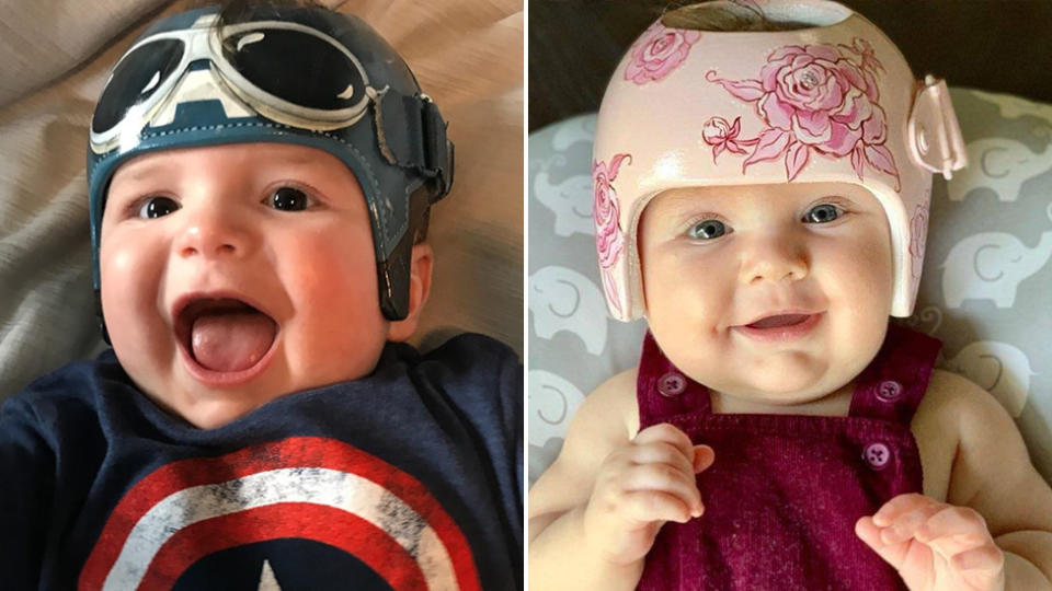 Two babies with painted helmets. An aviator design (left) and a floral design right. Source: @LazardoArt