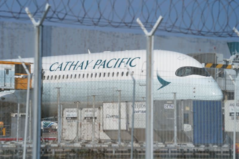 Cathay Pacific aircraft is seen at Hong Kong International Airport