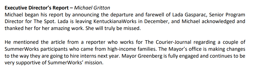 The Courier Journal first learned of changes to the Mayor's Office's intern hiring practices through minutes from a November 2023 KentuckianaWorks board meeting.