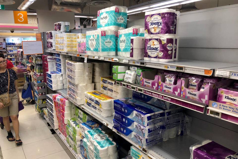 Toilet paper seen on shelves at a FairPrice Finest outlet at Clementi Mall on 17 March 2020. (PHOTO: Yahoo News Singapore file photo)