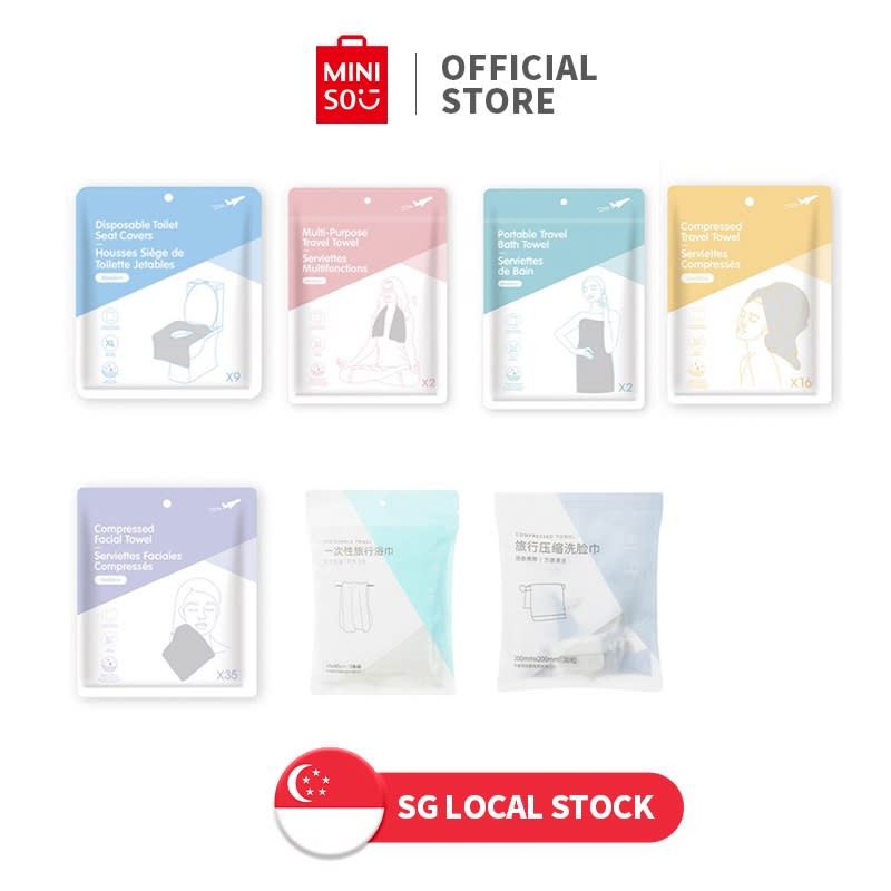 MINISO Travel Disposable Set (Compressed/Portable Towels (Facial, Body, Multi-purpose), Toilet Seat Covers). (Photo: Shopee SG)