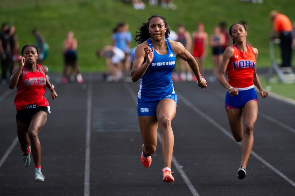 Spring Grove senior Laila Campbell sprints to gold (12.11) in the 100-meter dash for the fourth consecutive year during the YAIAA Track and Field Championships at Dallastown Area High School on May 8, 2024.