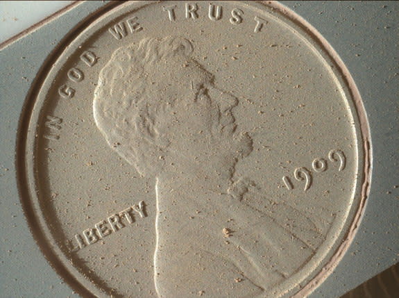 High-resolution image of a 1909 U.S. penny, as taken by the Mars Hand Lens Imager (MAHLI) on NASA's Curiosity rover in northern Gale crater on Mars, Oct. 2, 2013.