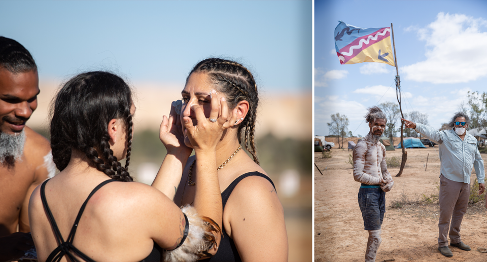 Left - Woman having their cultural paint applied to their faces at the camp. Right - an Indigenous man holding a cultural flag.