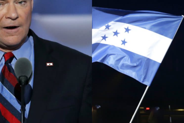 Tim Kaine's Blue Star Families pin, and the flag of Honduras. (Photos: AP)