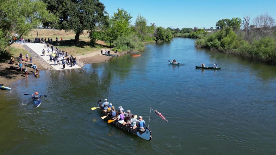 Paddlers arrive in kayaks and canoes at the newly opened Neece Drive Boat Launch at Tuolumne River Regional Park in Modesto, Calif., Friday, May 10, 2024.