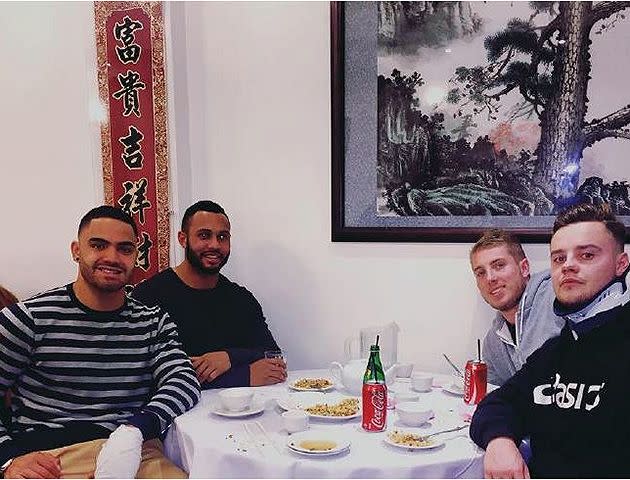 Walker (front left) and Gray (back right) pictured having dinner with friends just hours before being rushed to hospital. Pic: Instagram.