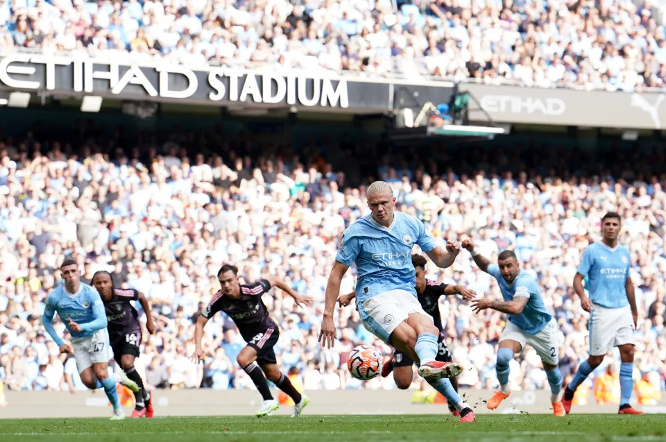 Manchester City's Erling Haaland scores their side's fourth goal of the game from a penalty during the Premier League match at the Etihad Stadium, Manchester. Picture date: Saturday September 2, 2023. (Photo by Martin Rickett/PA Images via Getty Images)