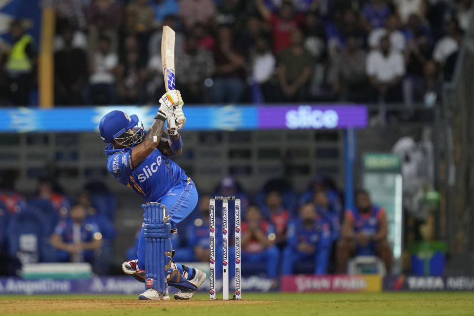 Mumbai Indians' Suryakumar Yadav plays a shot during the Indian Premier League cricket match between Mumbai Indians and Sunrisers Hyderabad in Mumbai, India, Monday, May 6, 2024. (AP Photo/Rajanish Kakade)