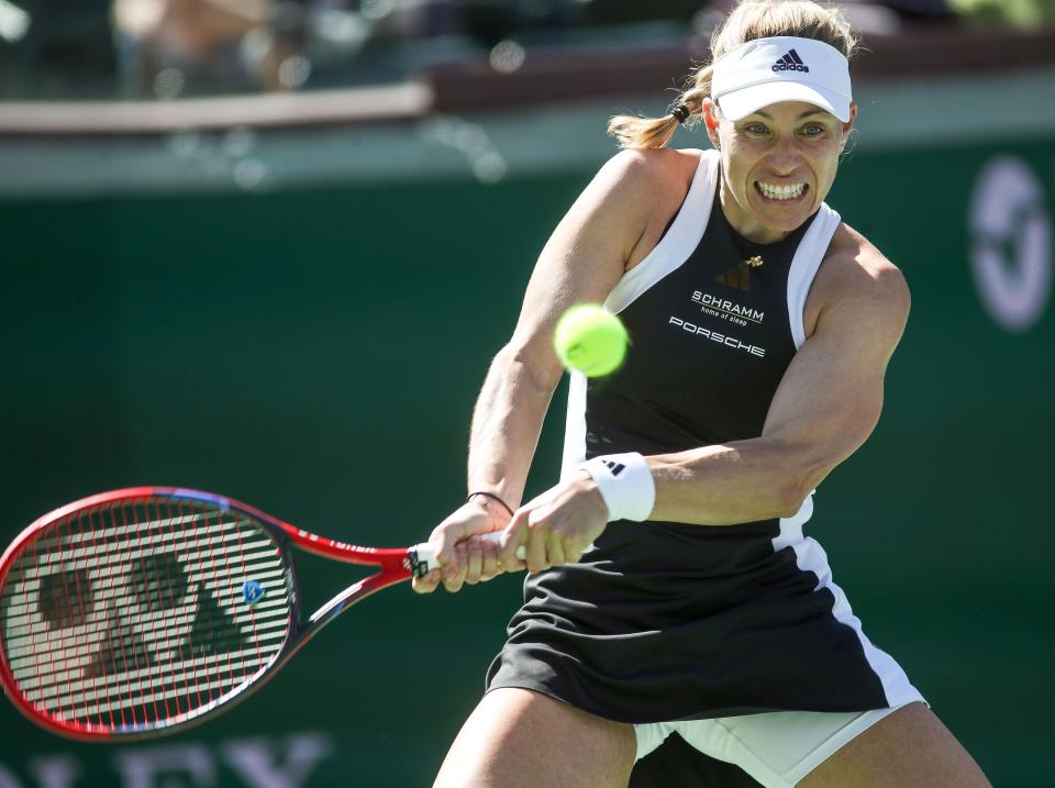 Angelique Kerber hits a shot during her win over Jelena Ostapenko on Stadium 2 at the BNP Paribas Open in Indian Wells, Calif., March 8, 2024.