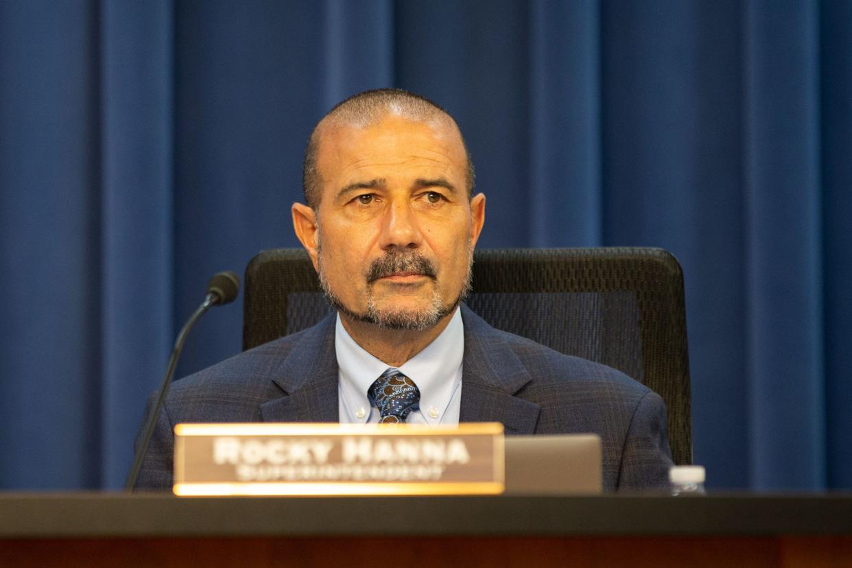 Leon County Schools Superintendent Rocky Hanna listens during a board meeting on Tuesday, Aug. 22, 2023.