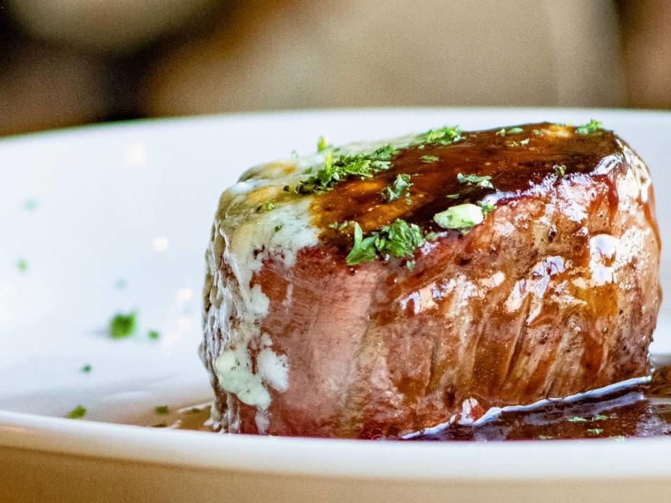 A prime filet with blue cheese and a red-wine demi-glace at Broadway 10 steakhouse.