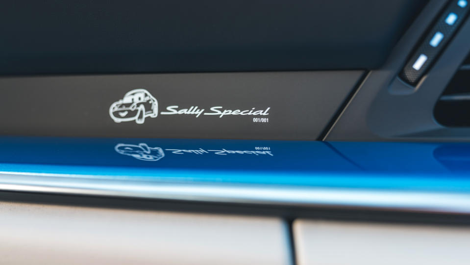 Unique touches include a sketch of the original Sally on the dashboard with the designation that the vehicle is one of one. - Credit: Porsche Cars North America